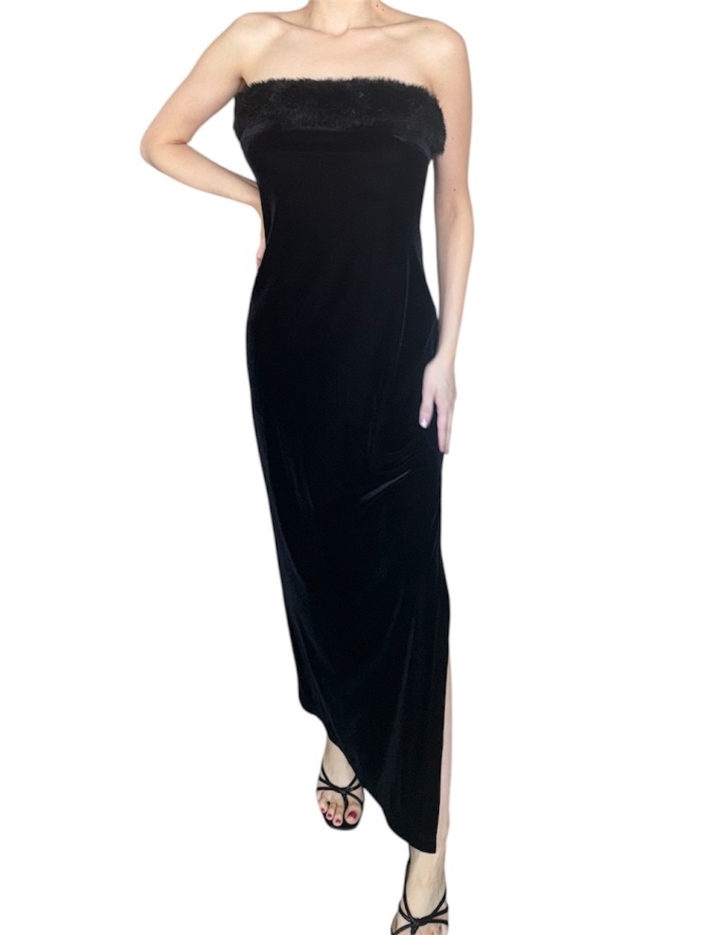 90s Vintage Black Velvet Strapless Maxi Dress Gown with Fur Trim